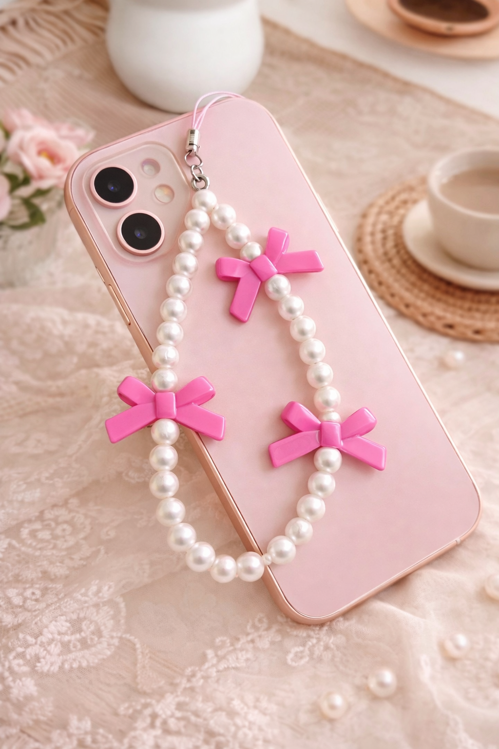 Pink Bow Pearl Phone Charm