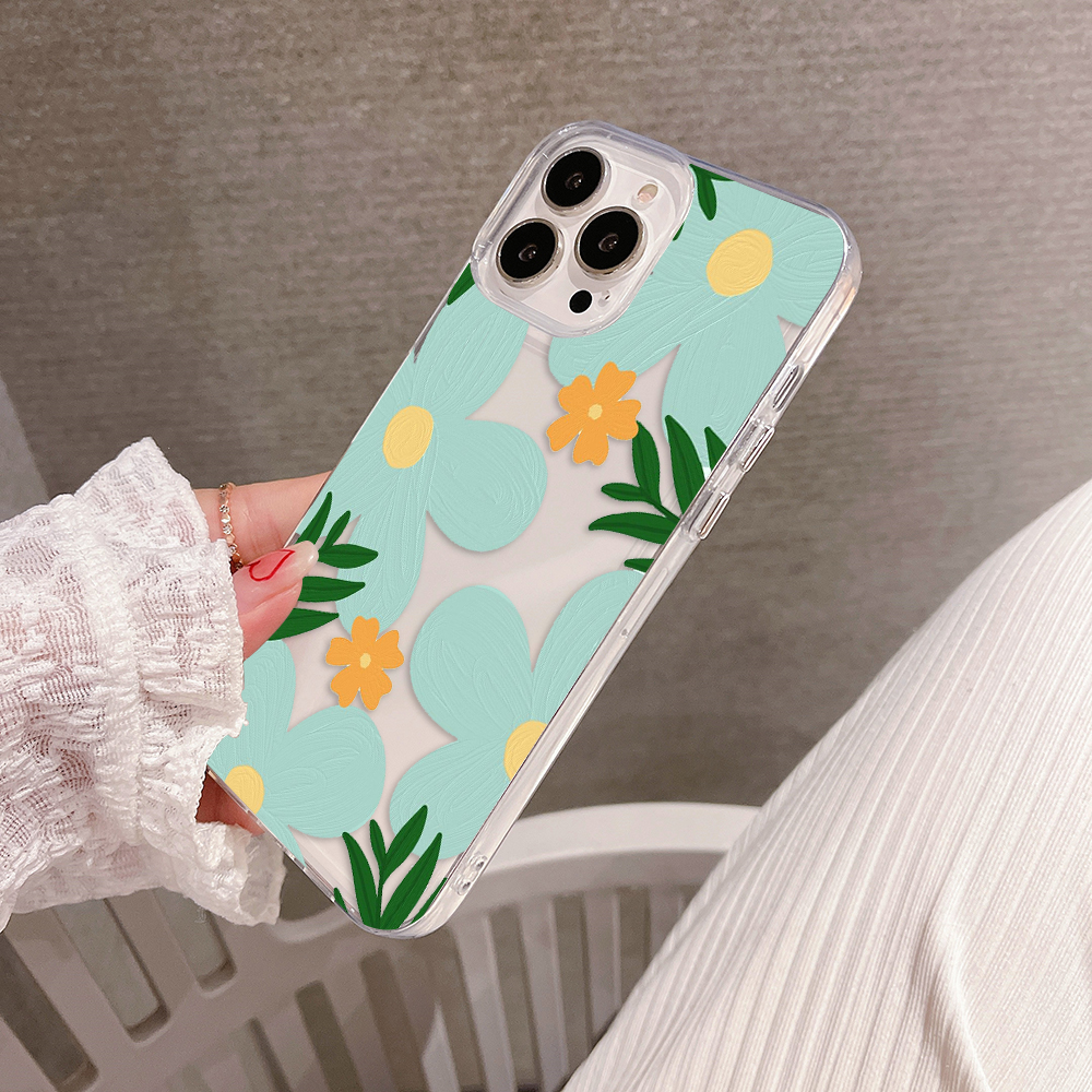 Green Pastel Flower Pattern Clear Silicon Case Cover