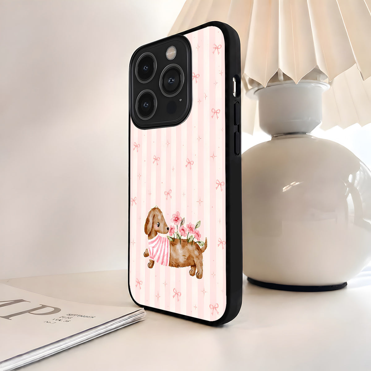 Blush Bow Puppy Glass Case