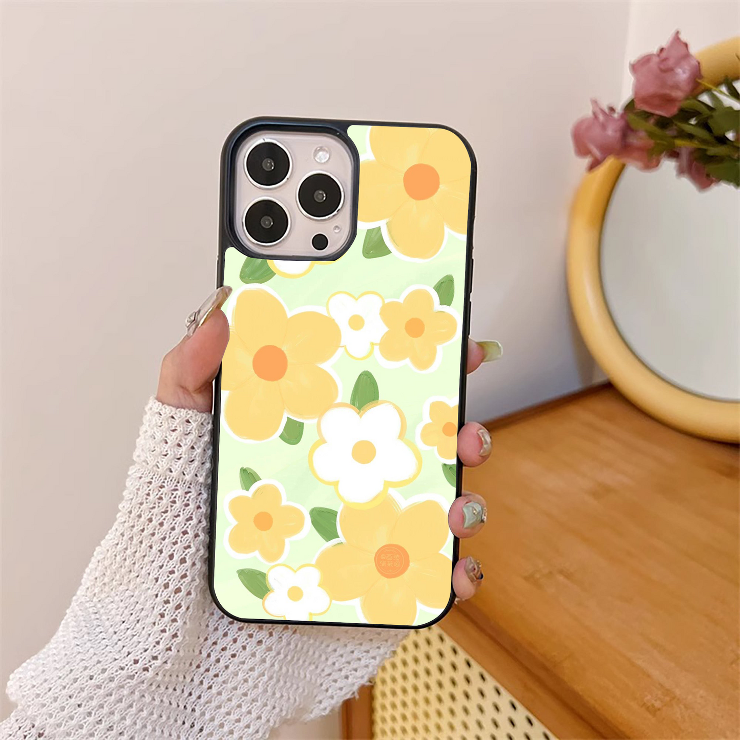 Yellow Flower  with green background  pattern  Glass Case