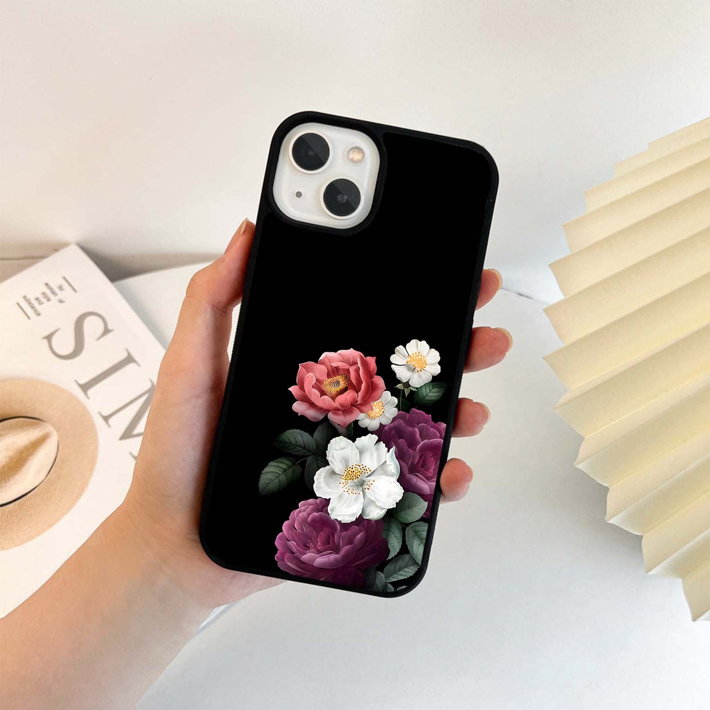 Floral Bouquet On Black Glass Case