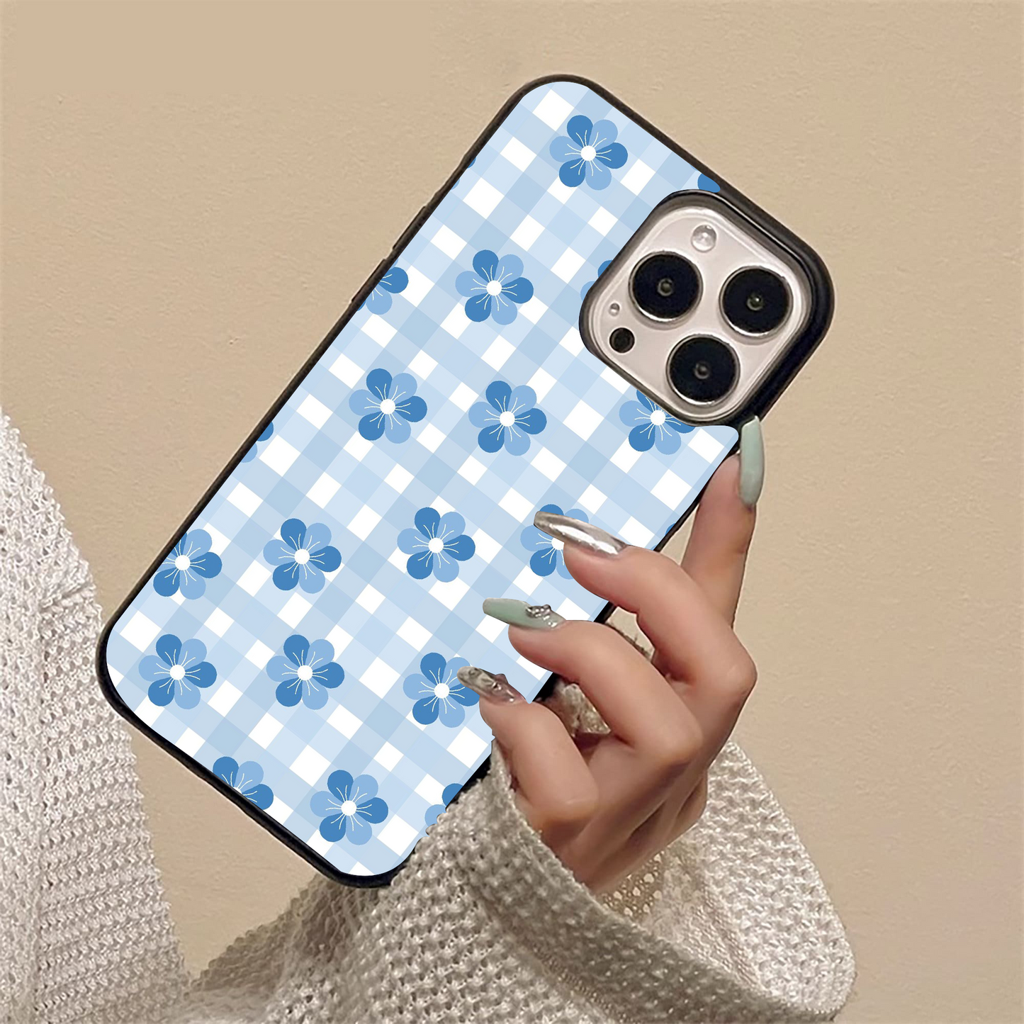 Blue Flower Checker Pattern  Glass Case