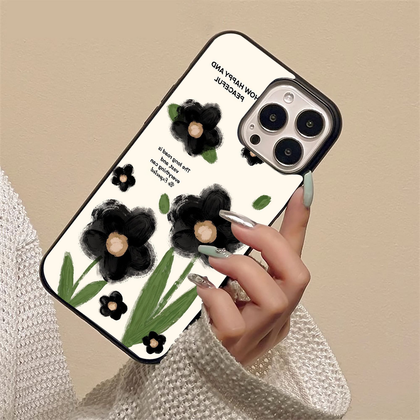 Happy Peaceful Black Flower Quote Glass Case