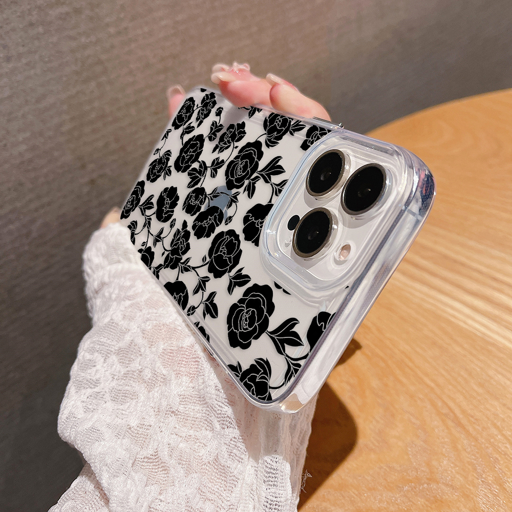 Black Rose Pattern Clear Silicon Case Cover