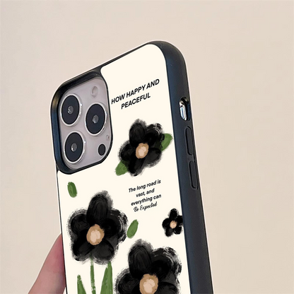 Happy Peaceful Black Flower Quote Glass Case