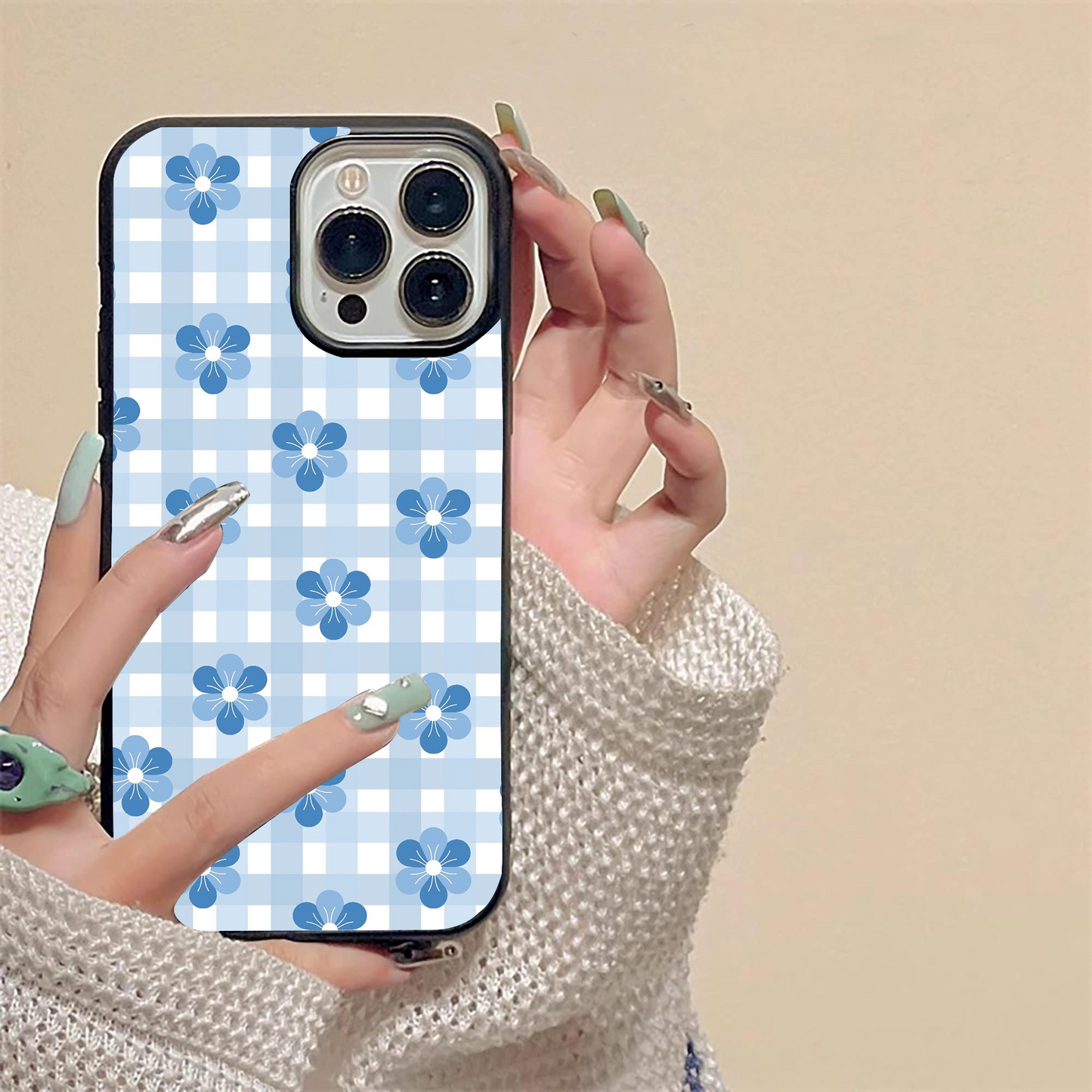 Blue Flower Checker Pattern  Glass Case