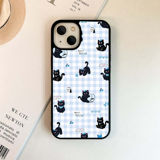 Black Cat Checker Pattern Glass Case