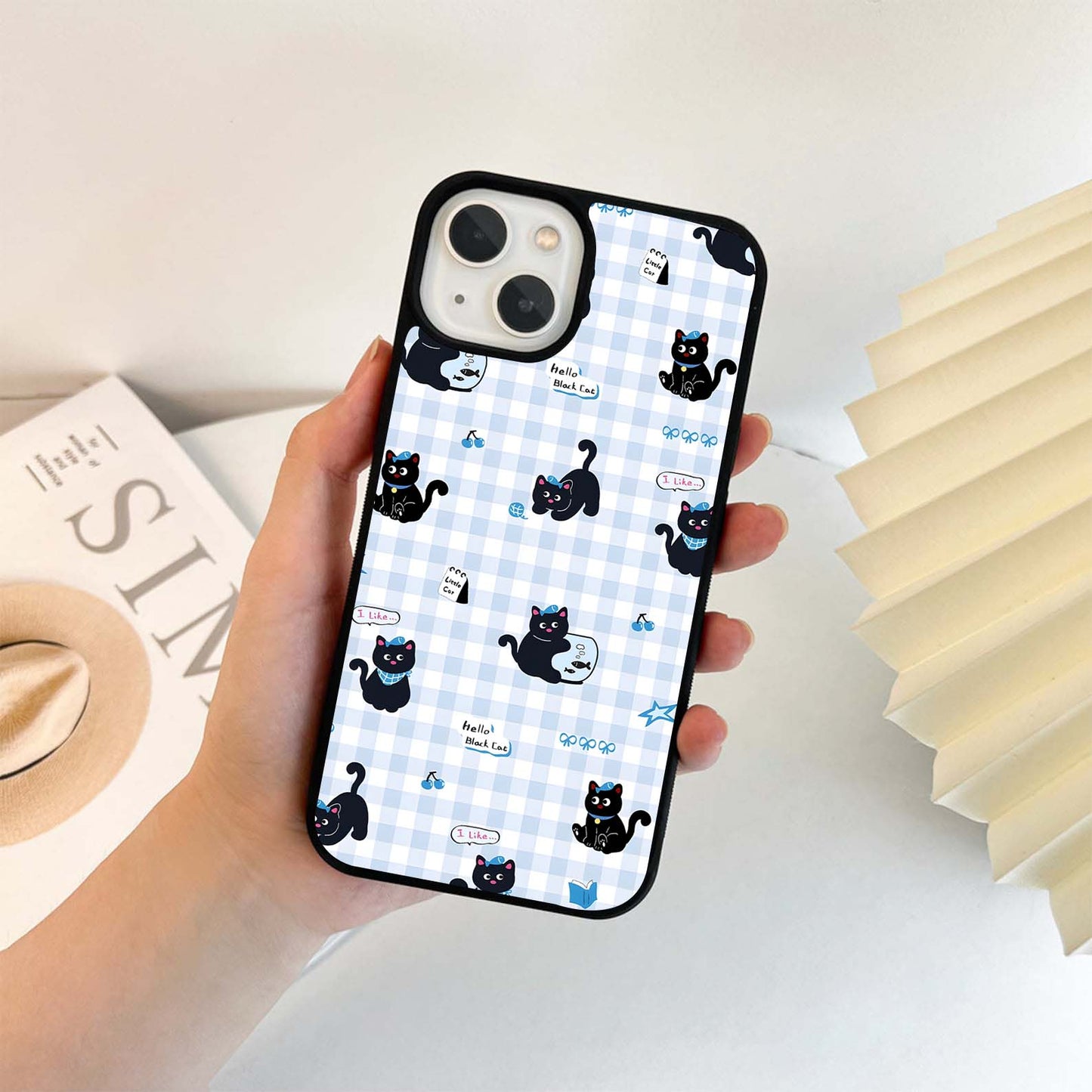 Black Cat Checker Pattern Glass Case