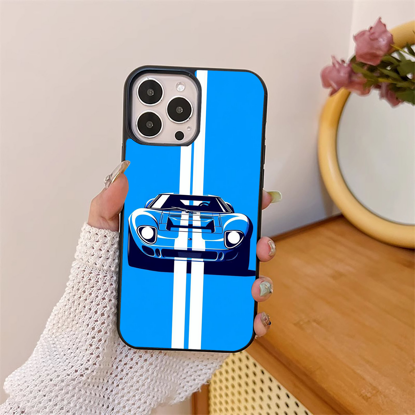 Blue Super Car Pattern Glass Case