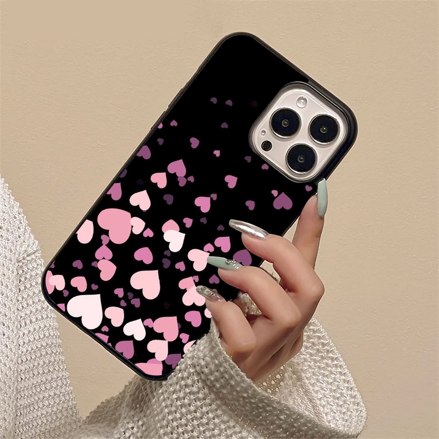 Glossy Pink Heart Pattern Glass Case