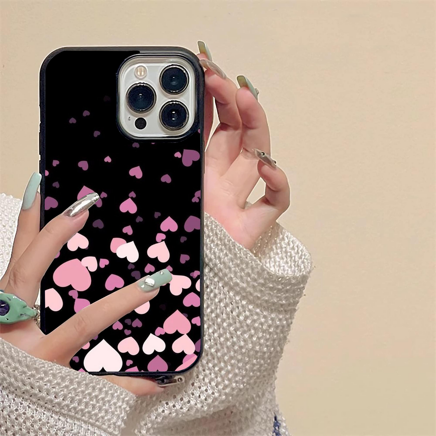 Glossy Pink Heart Pattern Glass Case