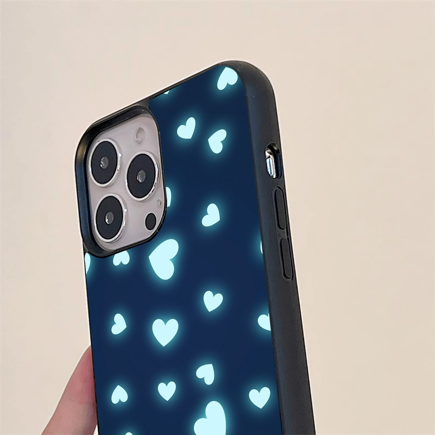 Neon Blue Hearts Pattern Glass Case