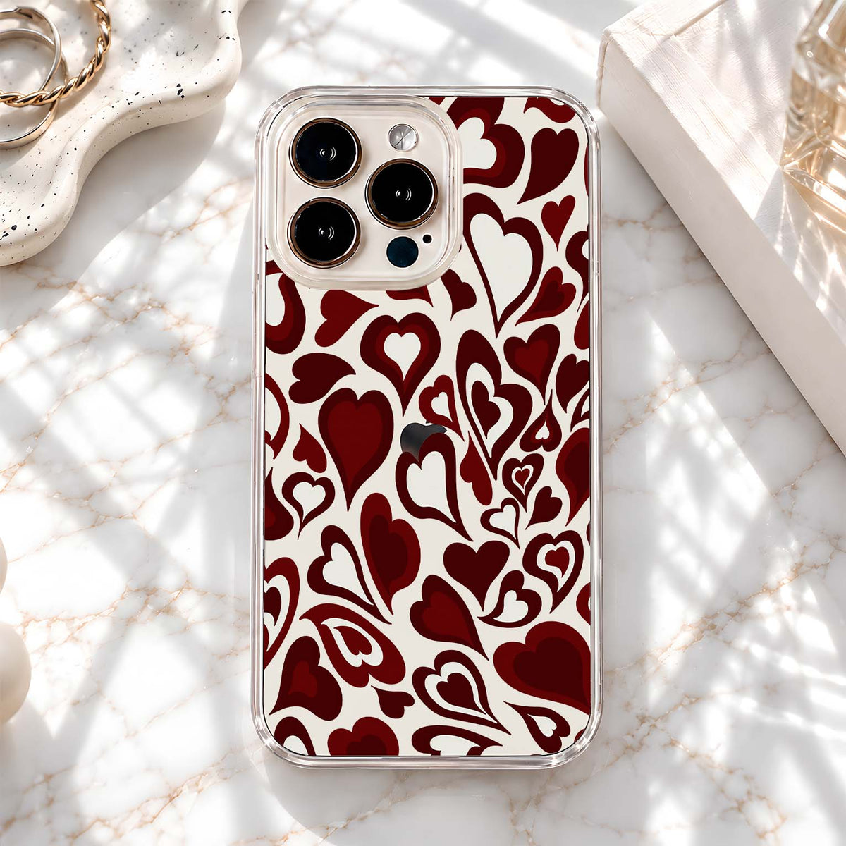 Burgundy Heart Pattern Clear Silicon Cover