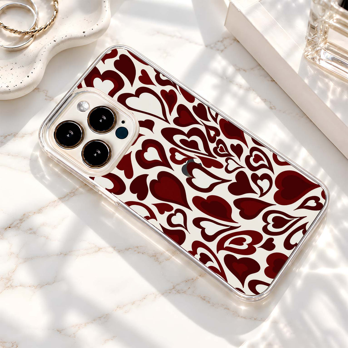 Burgundy Heart Pattern Clear Silicon Cover
