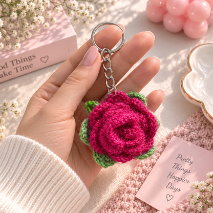 Dark Pink Crochet Rose Keyring