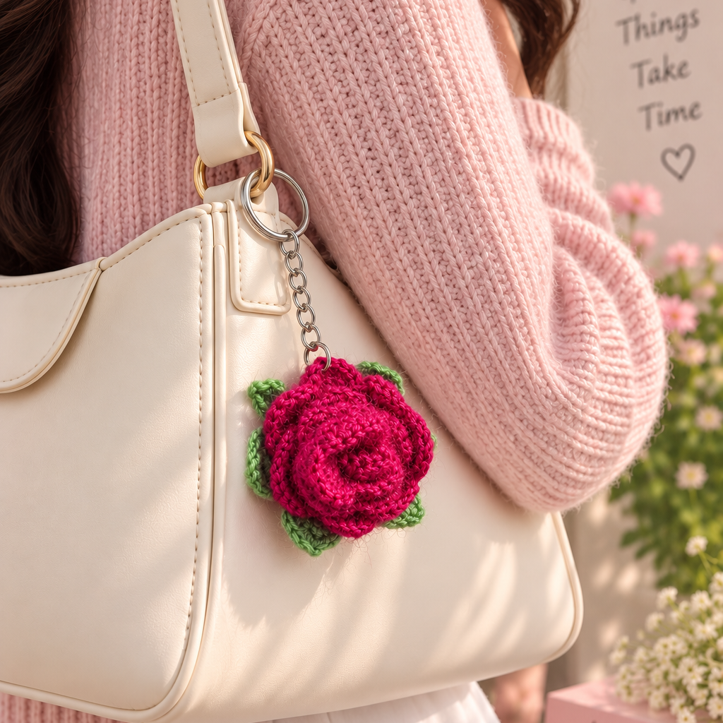 Dark Pink Crochet Rose Keyring