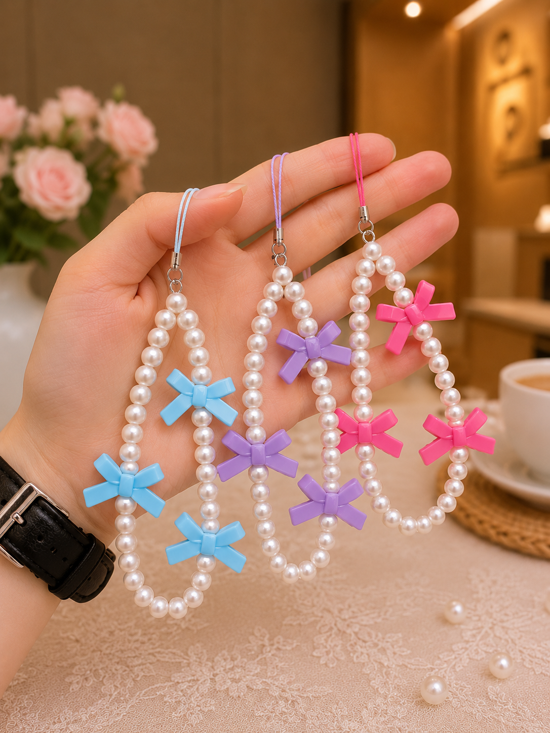 Pink Bow Pearl Phone Charm