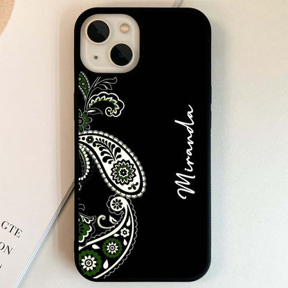 Custom Name Green Petal Pattern Glass Case