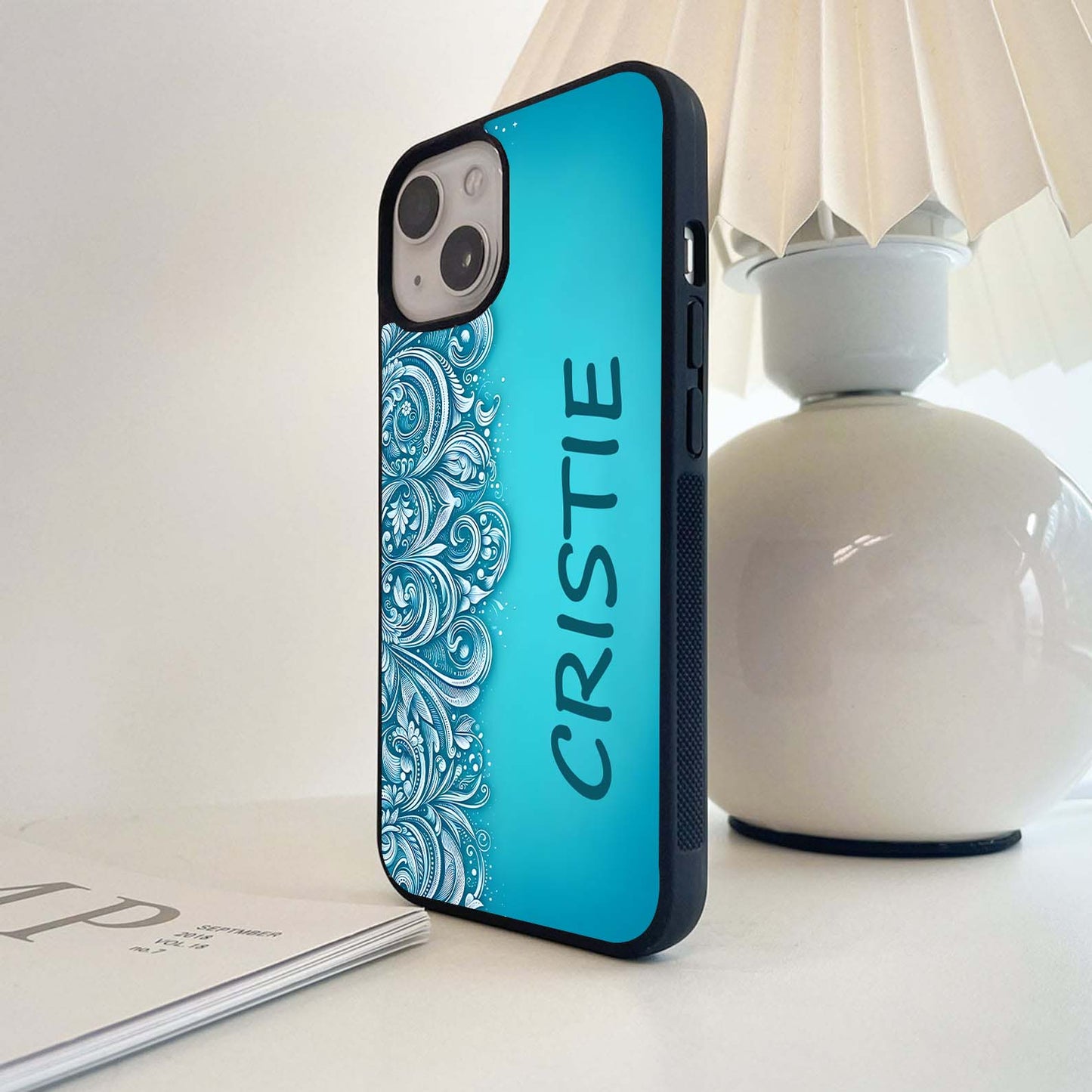 Custom Name Blue Floral Pattern Glass Case