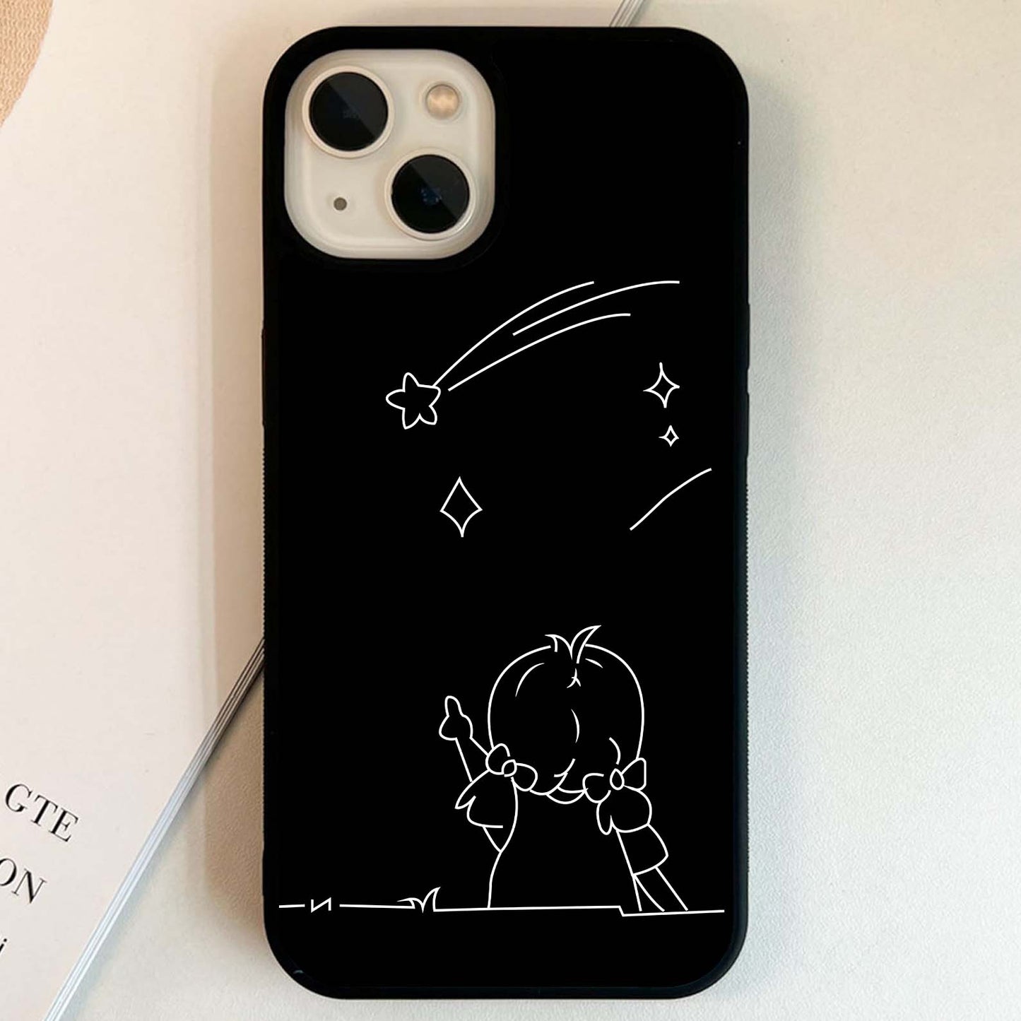 Line Art Girl With Shooting Stars Glass Case