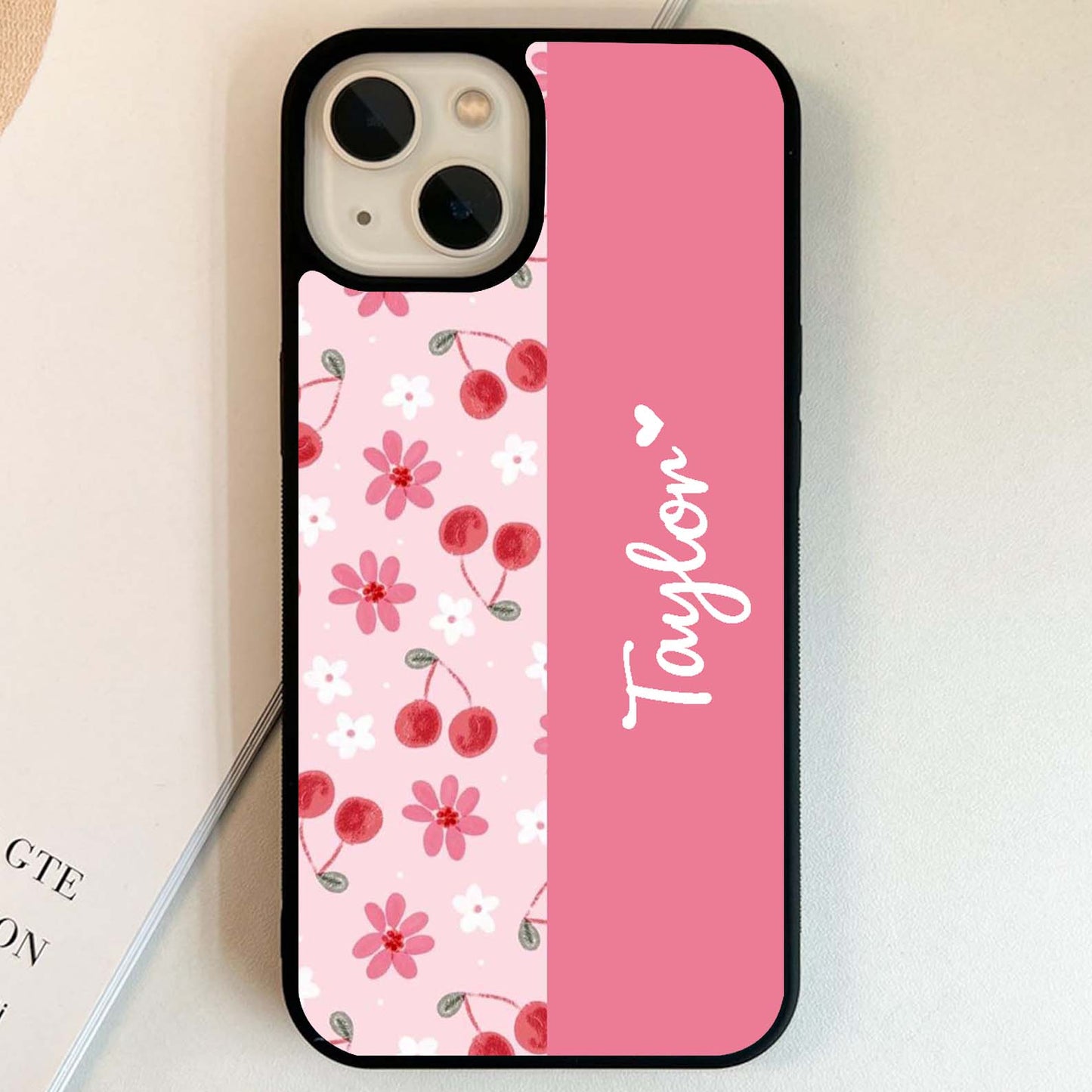 Custom Name Cherry Daisy Charm Glass Case
