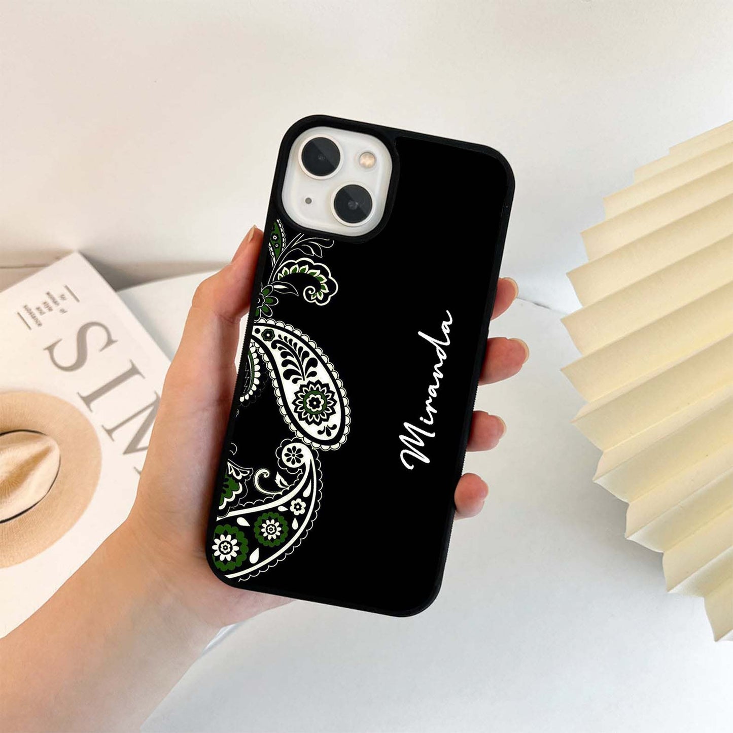 Custom Name Green Petal Pattern Glass Case