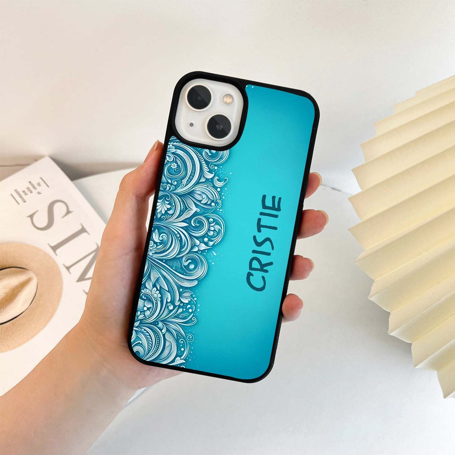 Custom Name Blue Floral Pattern Glass Case