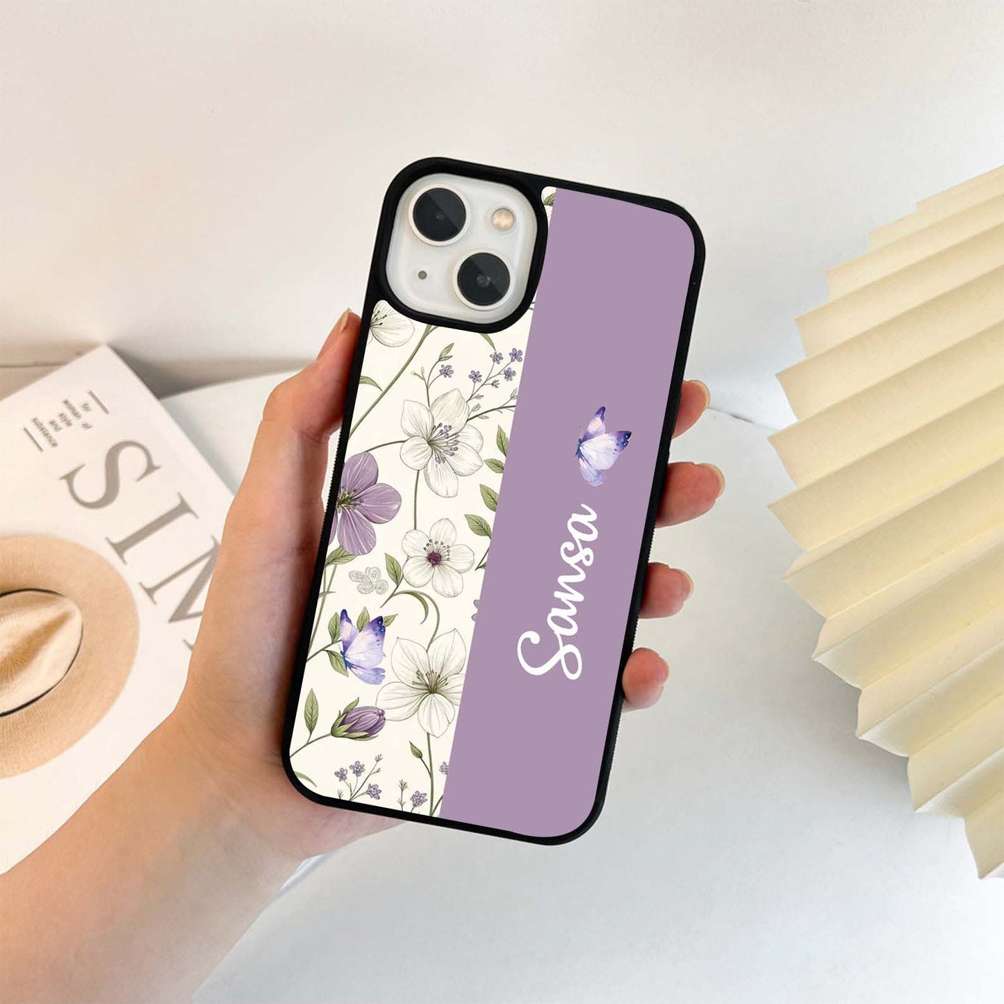 Custom Name Purple Blossom Flower Glass Case
