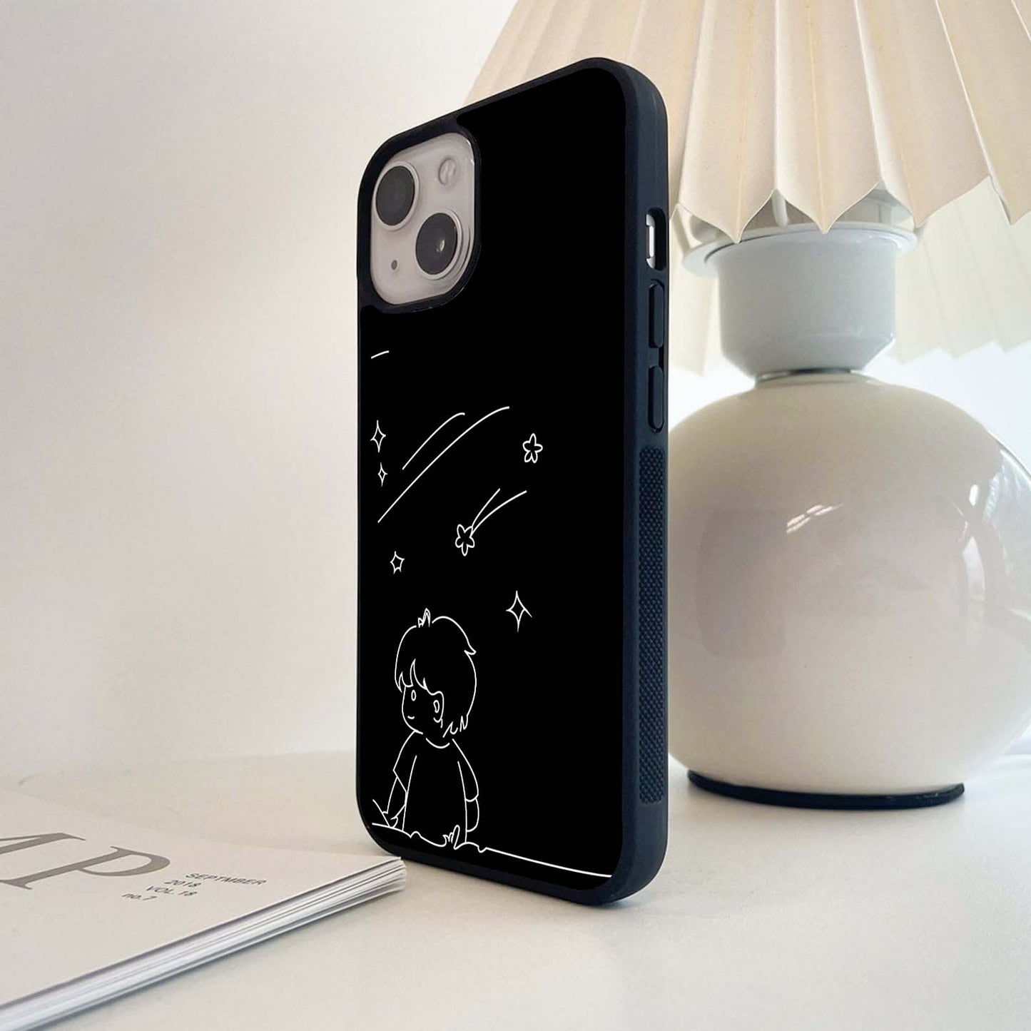 Line Art Boy With Shooting Stars Glass Case