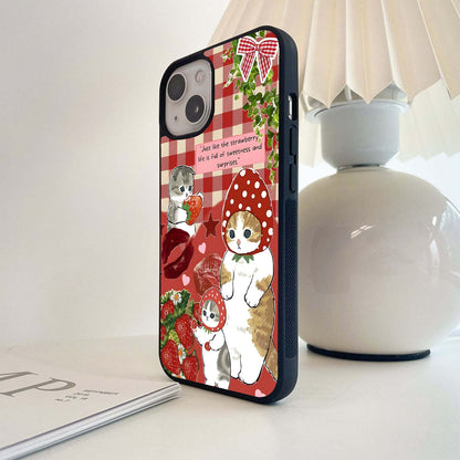 Strawberry Mood Cat Glass Case