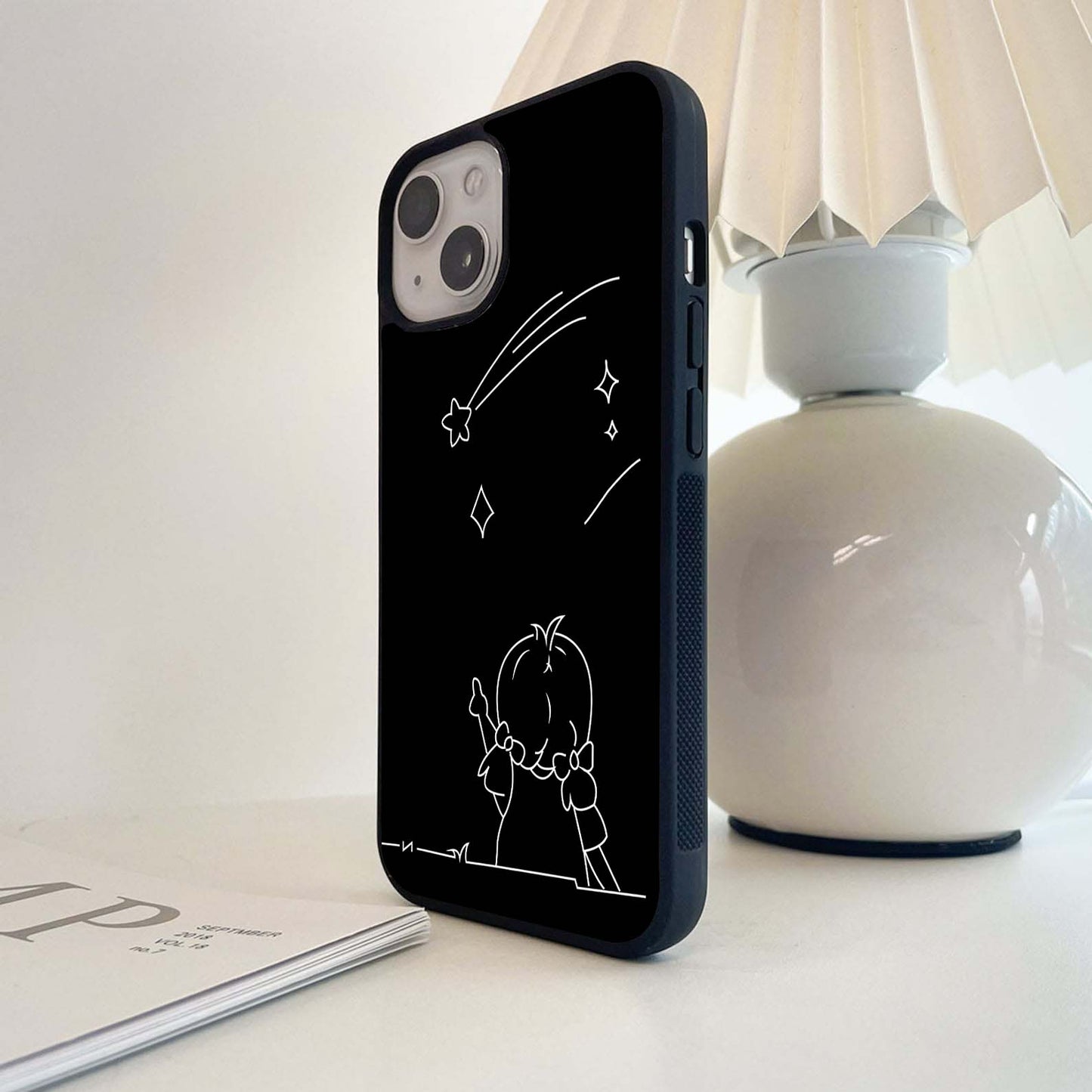 Line Art Girl With Shooting Stars Glass Case