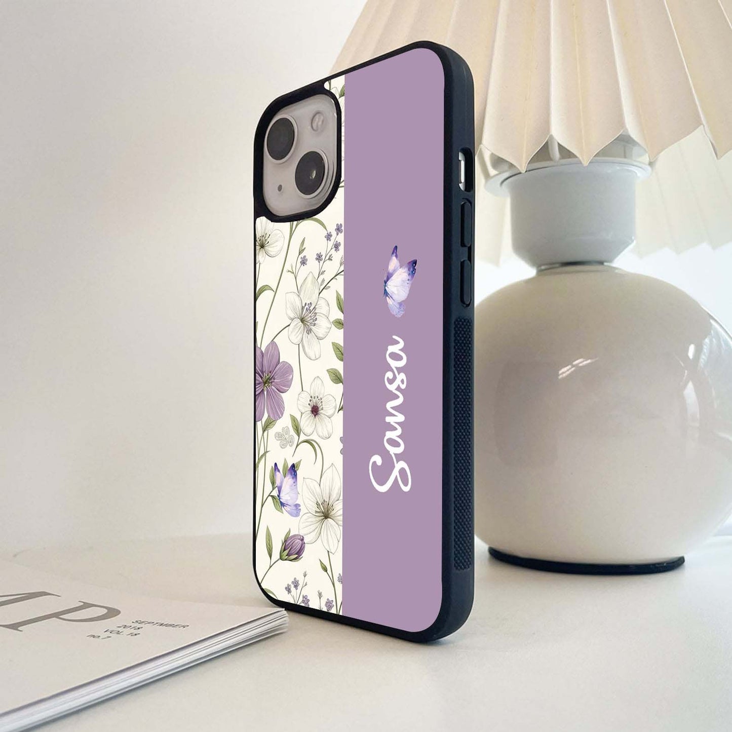 Custom Name Purple Blossom Flower Glass Case
