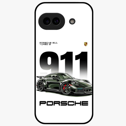 911 Turbo Dominance Glass Case showing clean flat back view with bold 911 sports car artwork and glossy glass finish.