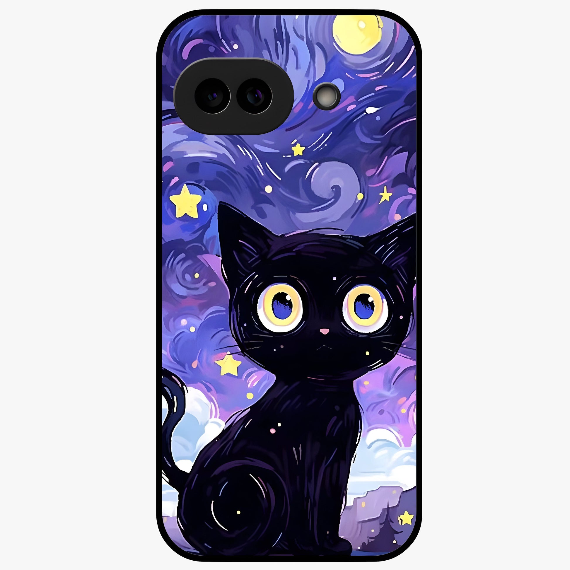 Abstract Cat Art Glass Case showing flat back view with artistic cat illustration and glossy glass finish.