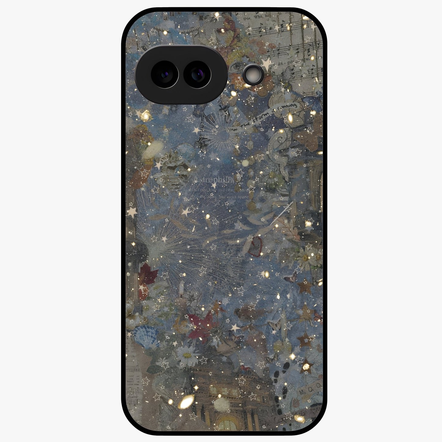 Aesthetic Astrolophia Glass Case showing flat back view with dreamy aesthetic design and glossy glass finish.