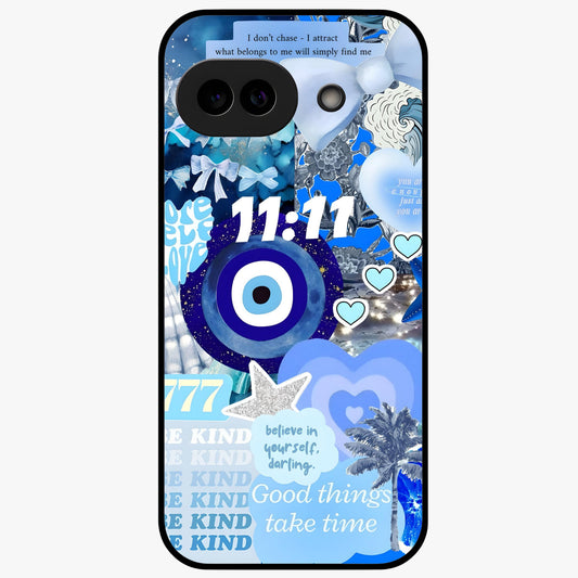 Aesthetic Be Kind Eye Glass Case showing flat back view with motivational eye artwork and glossy glass finish.