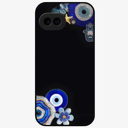 Aesthetic Blue Evil Eye Glass Case showing flat back view with protective evil eye artwork and glossy glass finish.