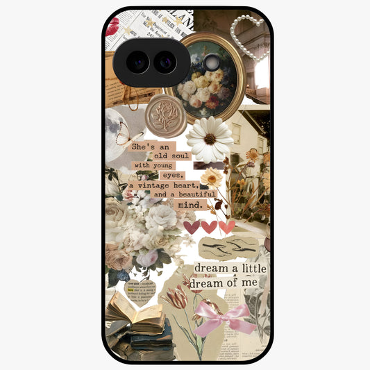 Aesthetic Brown Vintage Collage Glass Case showing flat back view with retro collage artwork and glossy glass finish.