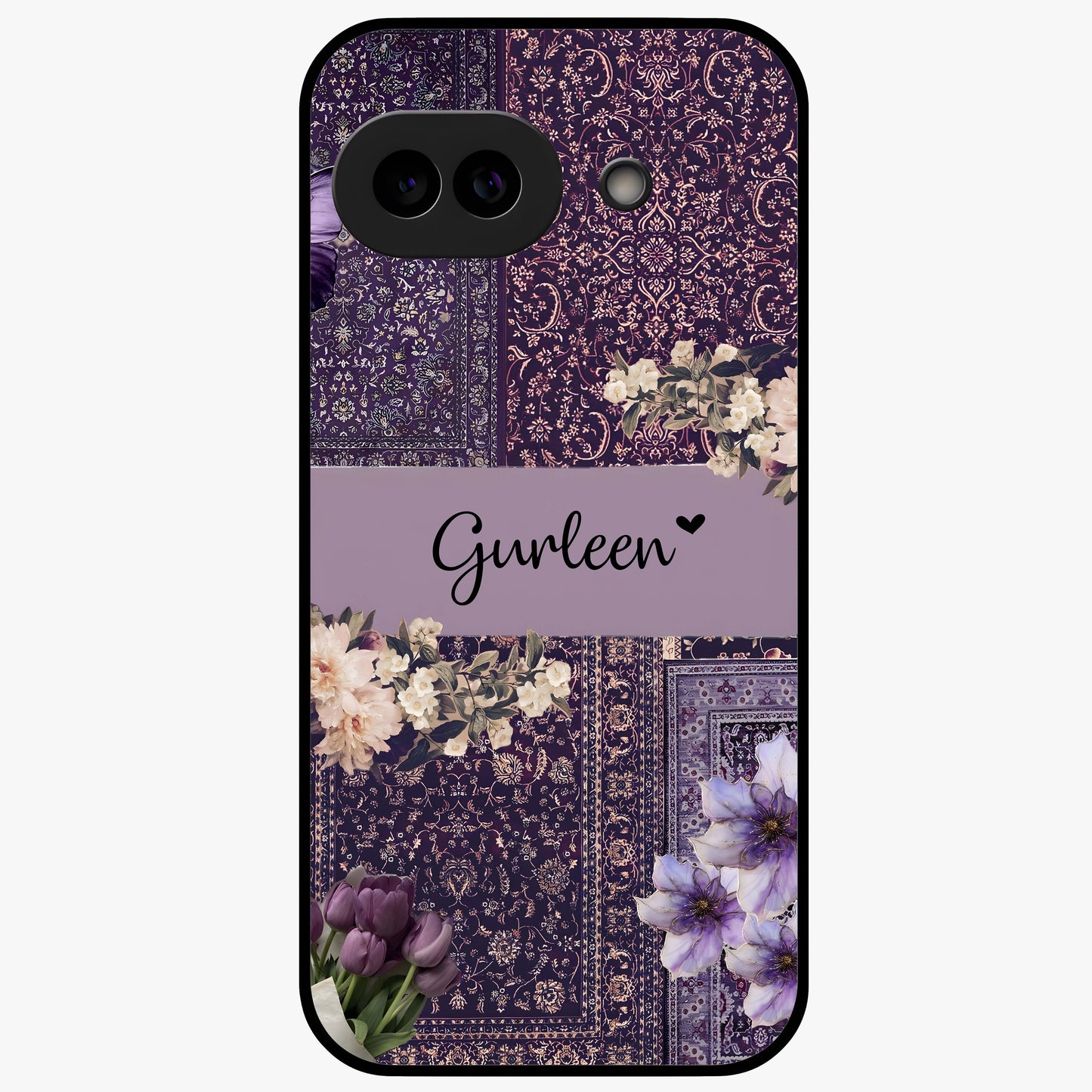 Antique Floral Whisper Custom Name Glass Case showing flat back view with vintage floral artwork and personalized name design.