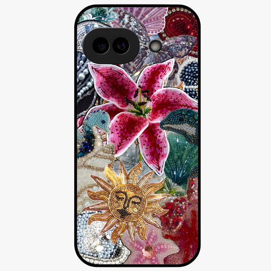 Beaded Garden Fantasy Glass Case showing flat back view with dreamy garden bead artwork and glossy glass finish.