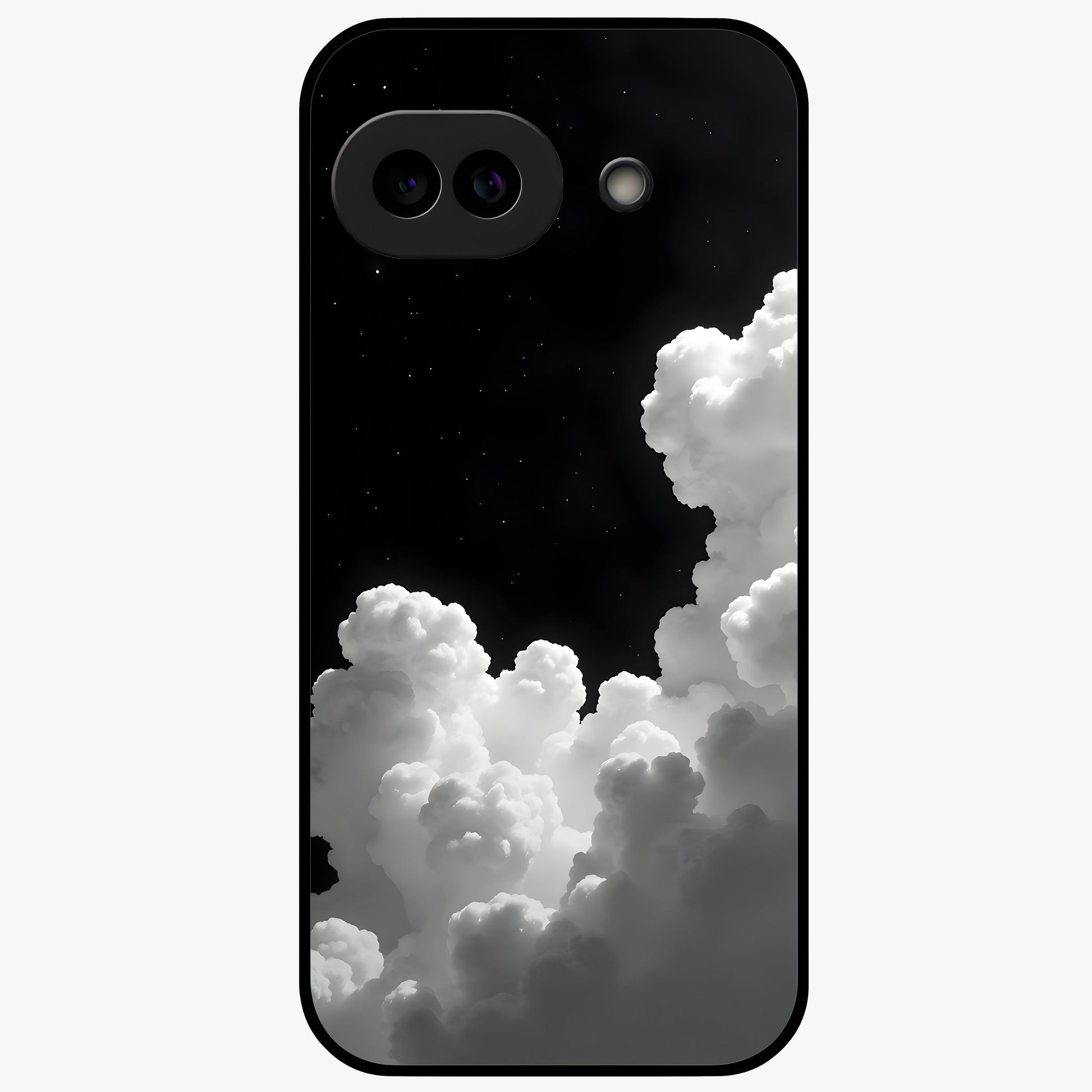 Black Background With White Cloud Glass Case showing flat back view with minimal cloud artwork on dark background and glossy glass finish.