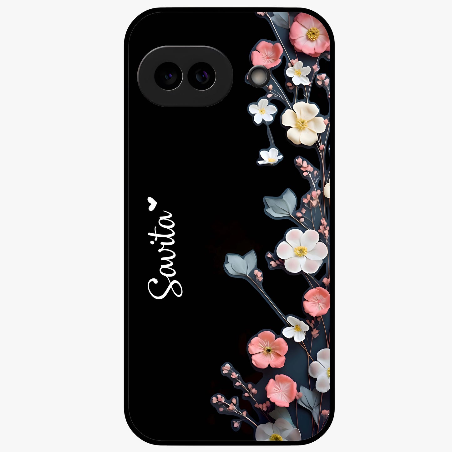 Black Elegance Floral Custom Name Glass Case showing flat back view with elegant floral artwork and personalized name design.