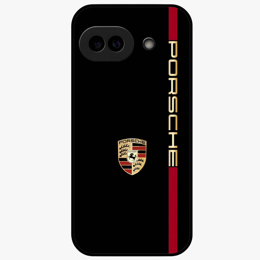 Black Minimal Porsche Glass Case showing flat back view with sleek minimal sports car artwork and glossy glass finish.