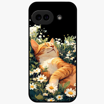 Blissful Bloom Cat Glass Case showing flat back view with cute cat and floral bloom artwork and glossy glass finish.