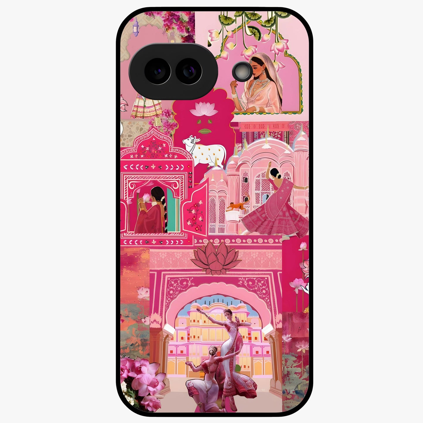 Blossoms of Rajasthan Glass Case showing flat back view with traditional floral artwork inspired by Rajasthan and glossy glass finish.