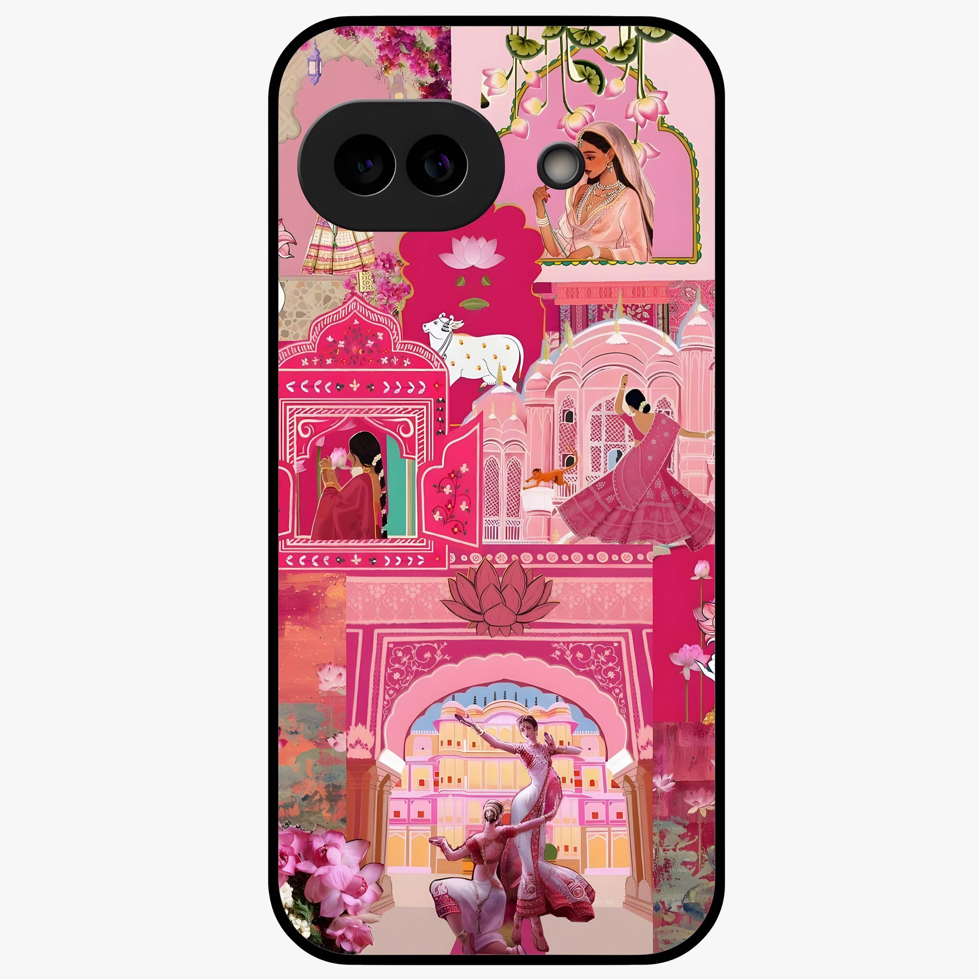 Blossoms of Rajasthan Glass Case showing flat back view with traditional floral artwork inspired by Rajasthan and glossy glass finish.