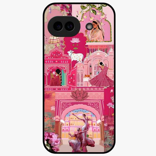 Blossoms of Rajasthan Glass Case showing flat back view with traditional floral artwork inspired by Rajasthan and glossy glass finish.