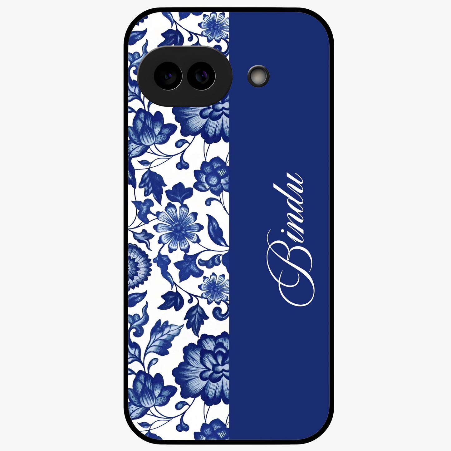 Blue Vintage Floral Pattern Glass Case upright view showcasing timeless floral illustration with vintage inspired style.