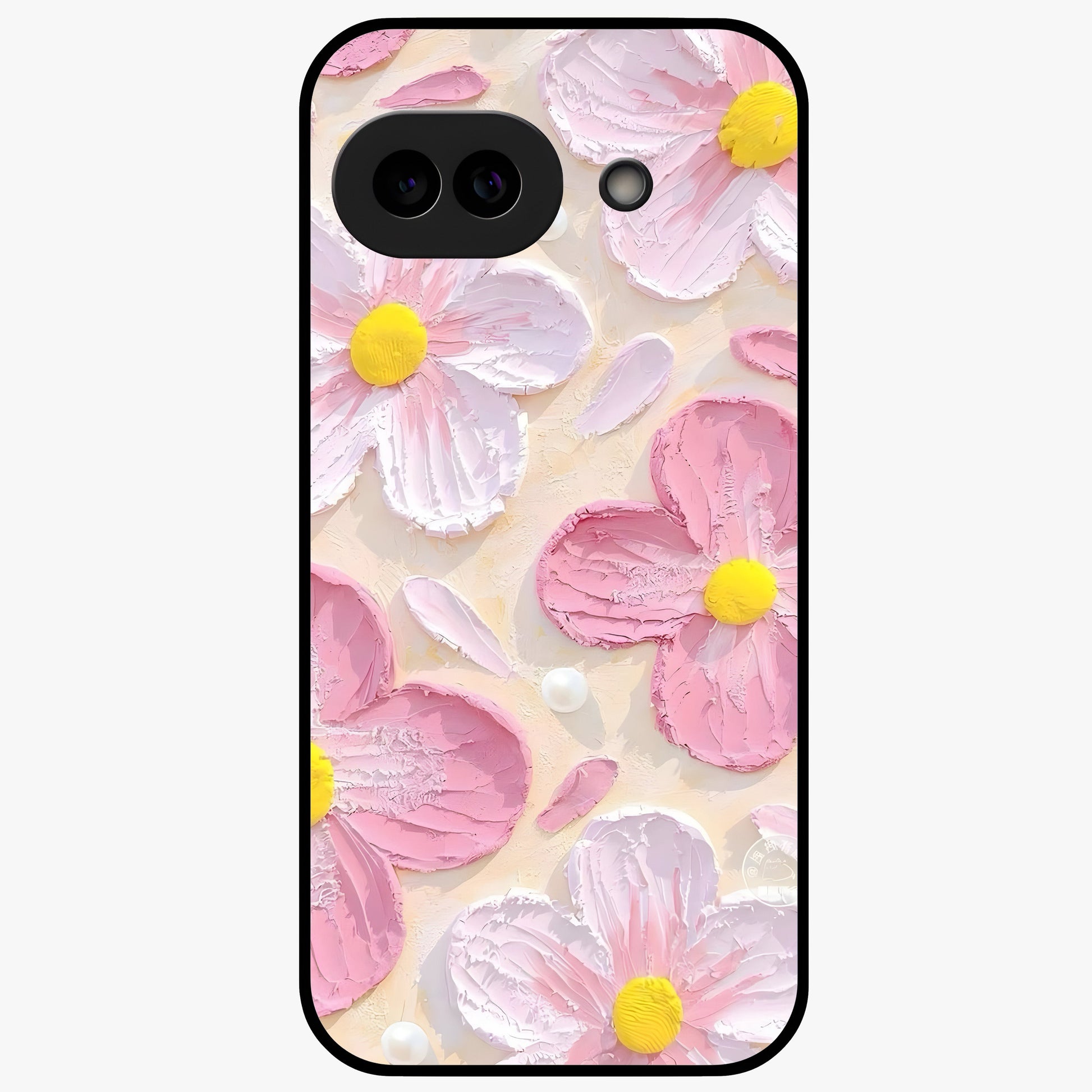 Blush Bloom Texture Glass Case showing flat back view with soft blush floral texture artwork and glossy glass finish.