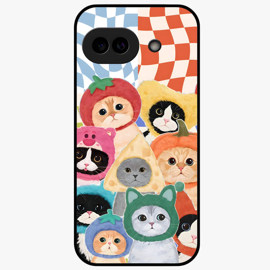 Cats in Fruits Glass Case showing flat back view with playful cat illustrations inside fruit artwork and glossy glass finish.